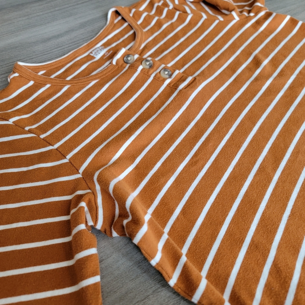Lands' End Orange & White Striped Quarter Button Short Sleeve Cotton Top - Sz L - Picture 1 of 7